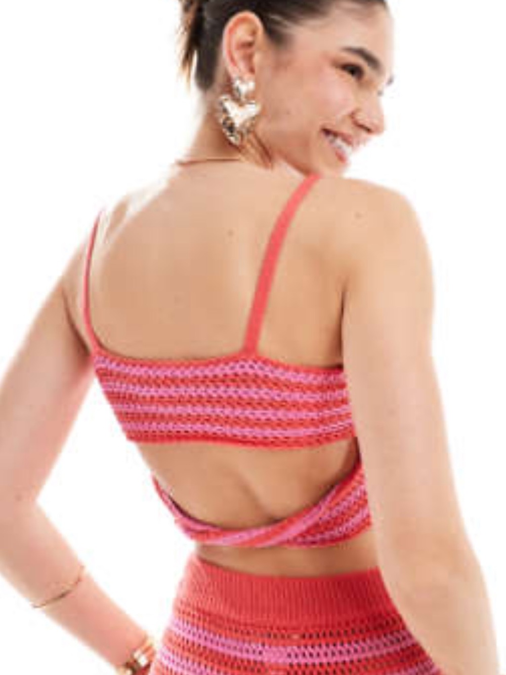 Women’s Pink Striped Crochet Crop Top with Open Back